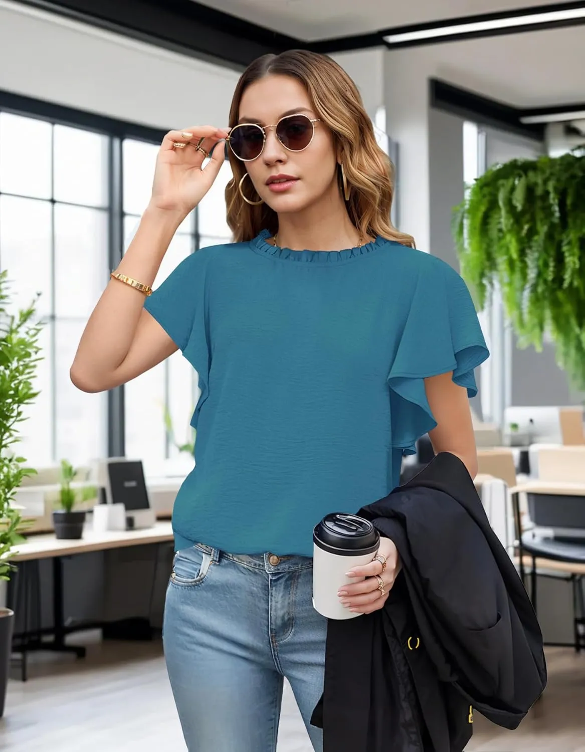 Aifer Womens Summer Ruffle Short Sleeve Dressy Casual Blouses Mock Neck Tops Elegant Work Shirts