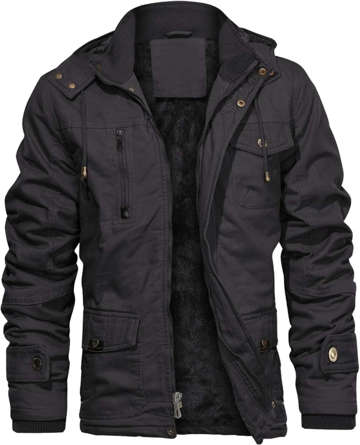 CHEXPEL Men's Thick Winter Jackets with Hood Fleece Lining Cotton Military Jackets Work Coats with Cargo Pockets Outwear