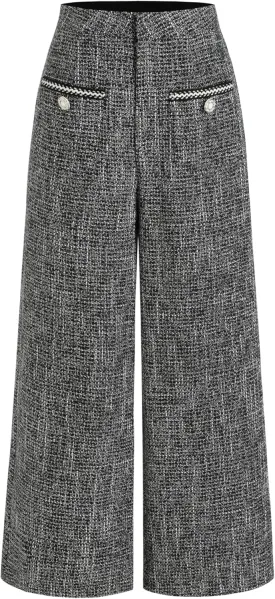 CIDER Tweed Mid Waist Solid Button Wide Leg Trousers