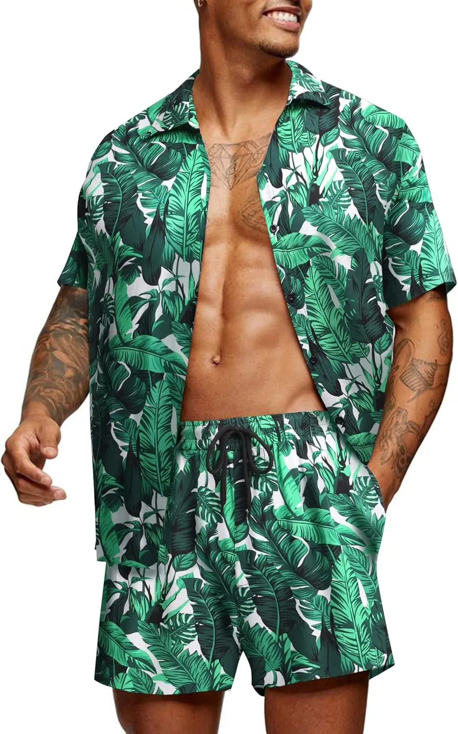 COOFANDY Men's Hawaiian Matching Set Summer Beach 2 Piece Outfits Flower Button Down Shirts and Shorts Vacation Outfits