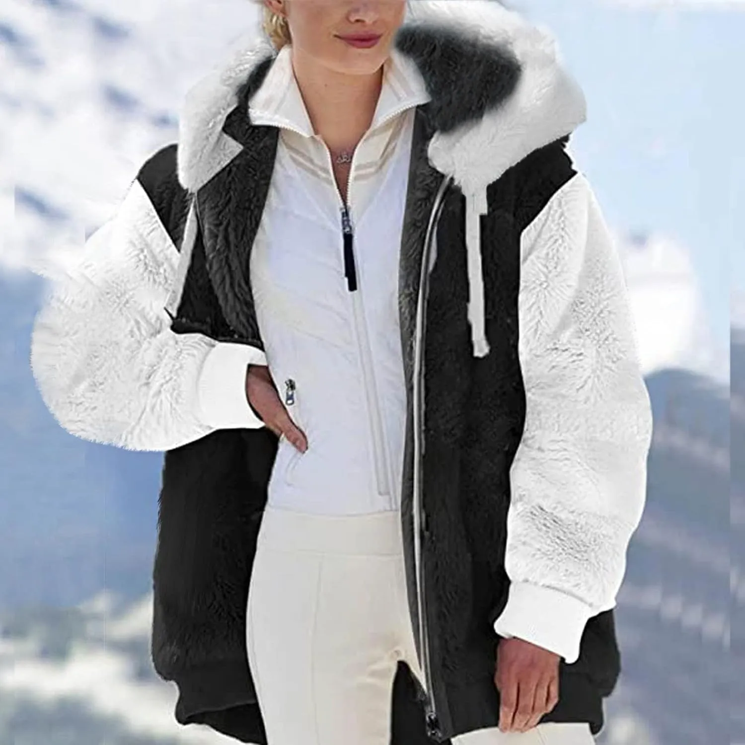 Fuzzy Fleece Jacket Women Plus Size Warm Winter Coats Fluffy Sherpa Hoodie Zip up Casual Cardigan Sweater Outerwear