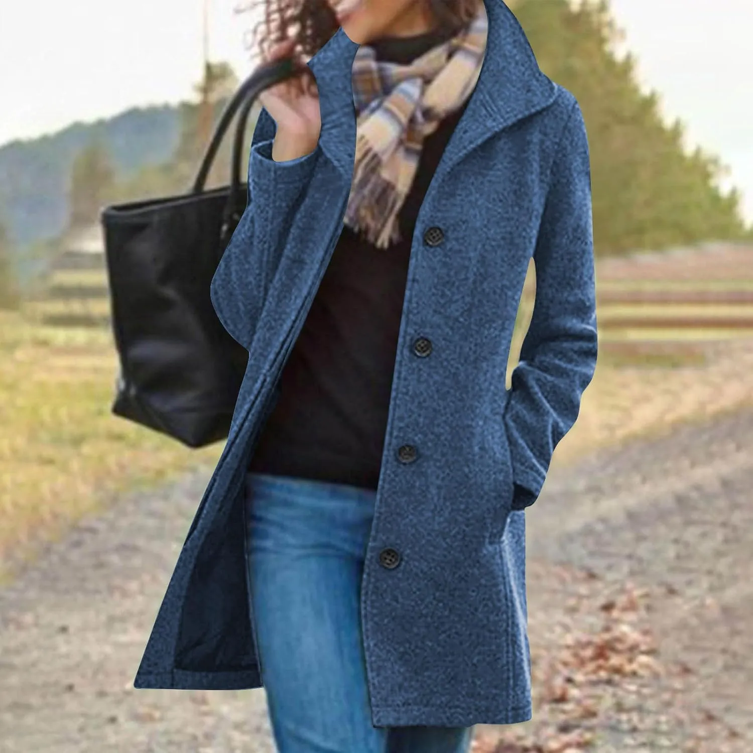 Hvyesh Womens Wool Trench Pea Coats 2024 Winter Jackets Trendy Notch Lapel Double Breasted Mid Long Warm Jacket Overcoat