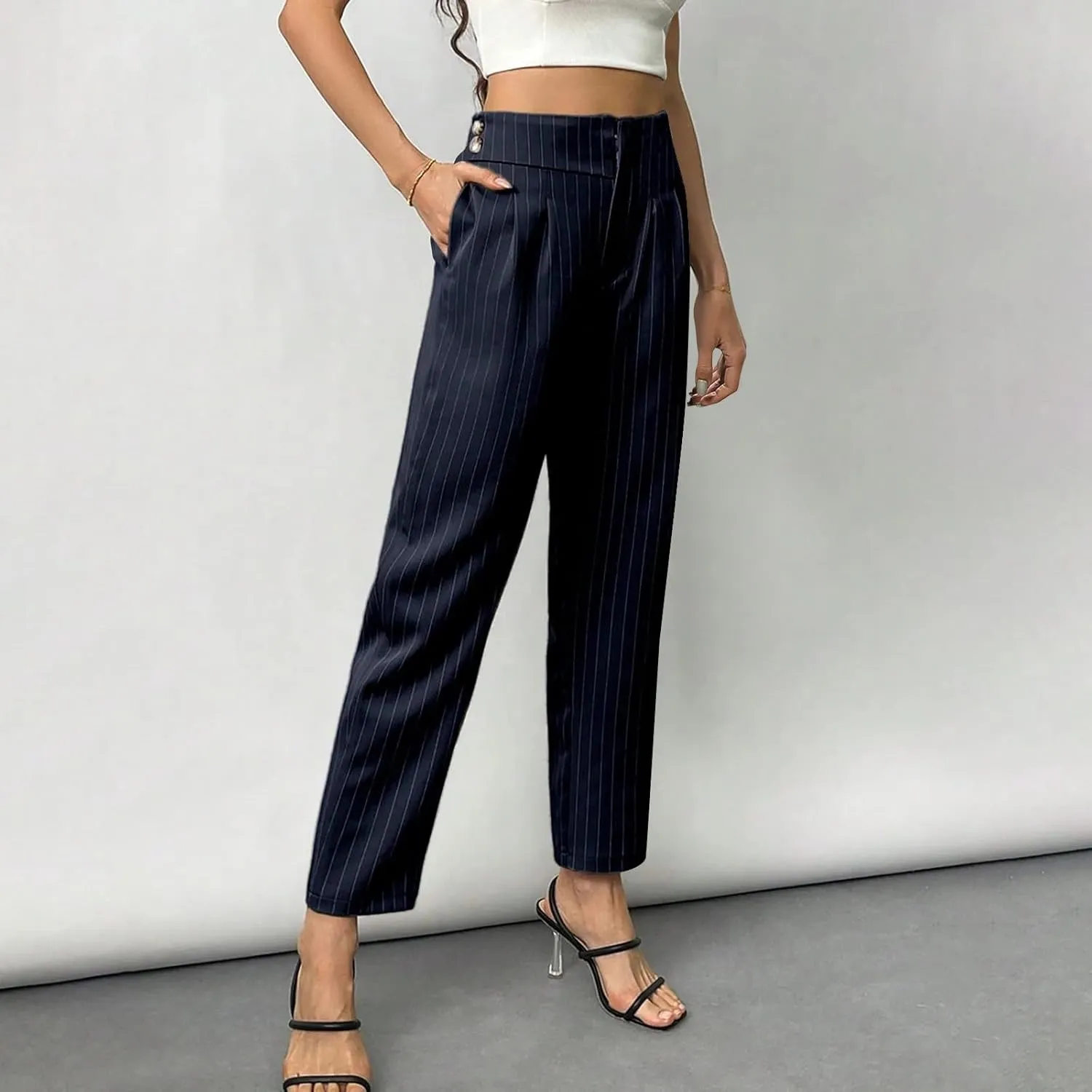 JOAU Women's Striped Print High Waisted Dress Pants Straight Leg Work Business Suit Pants Casual Pleated Office Trousers