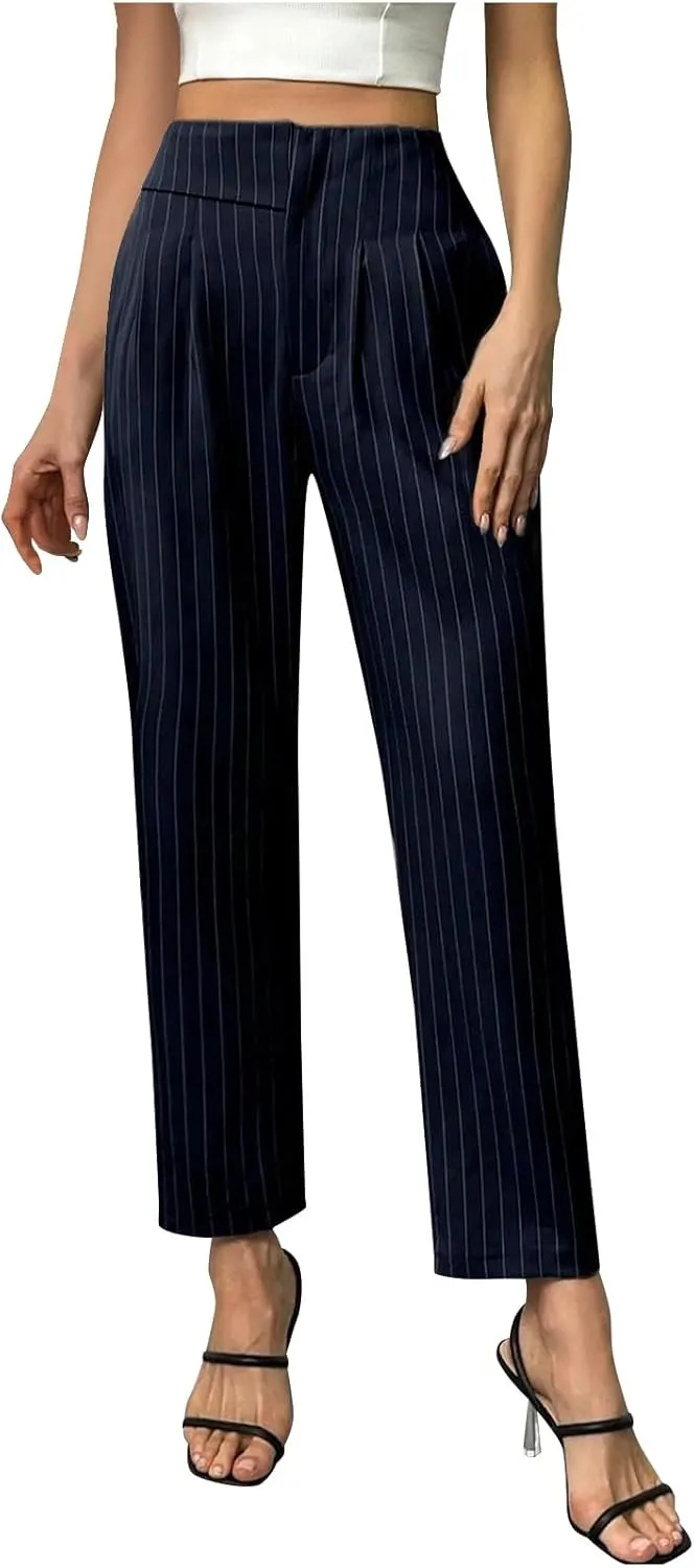 JOAU Women's Striped Print High Waisted Dress Pants Straight Leg Work Business Suit Pants Casual Pleated Office Trousers