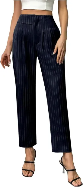 JOAU Women's Striped Print High Waisted Dress Pants Straight Leg Work Business Suit Pants Casual Pleated Office Trousers