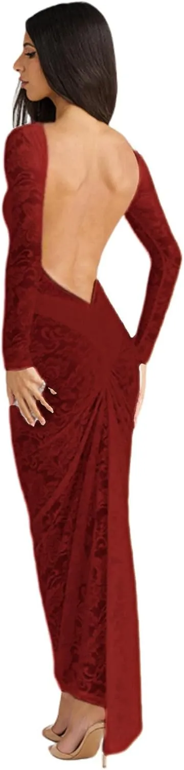 JUMISEE Women's See Through Lace Long Sleeve Maxi Dress Sexy Ruched Backless Bodycon Cocktail Dress Party Evening Gown