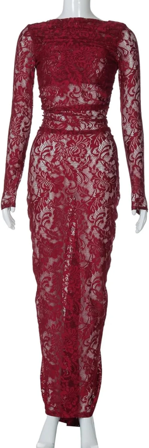 JUMISEE Women's See Through Lace Long Sleeve Maxi Dress Sexy Ruched Backless Bodycon Cocktail Dress Party Evening Gown