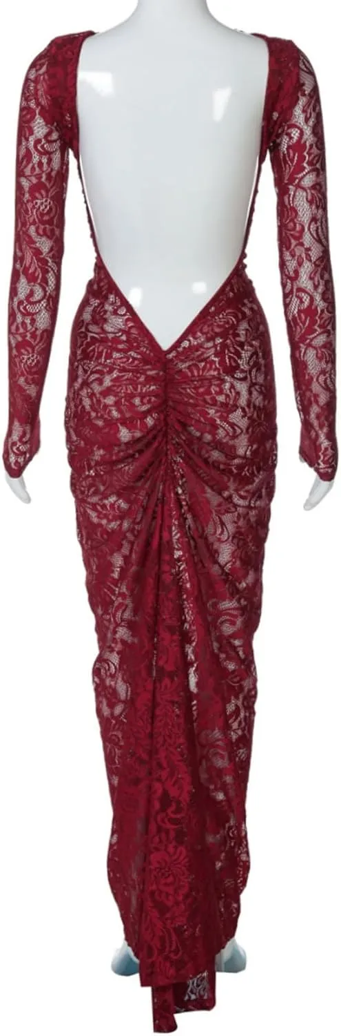 JUMISEE Women's See Through Lace Long Sleeve Maxi Dress Sexy Ruched Backless Bodycon Cocktail Dress Party Evening Gown