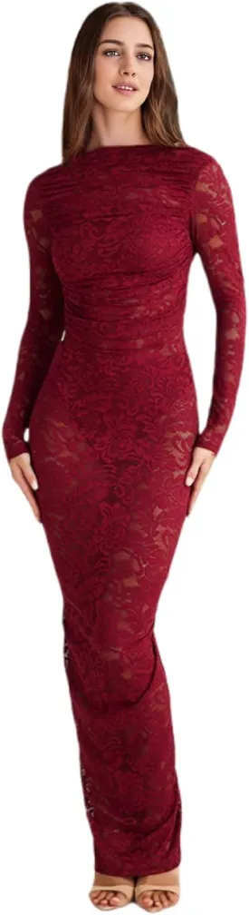 JUMISEE Women's See Through Lace Long Sleeve Maxi Dress Sexy Ruched Backless Bodycon Cocktail Dress Party Evening Gown