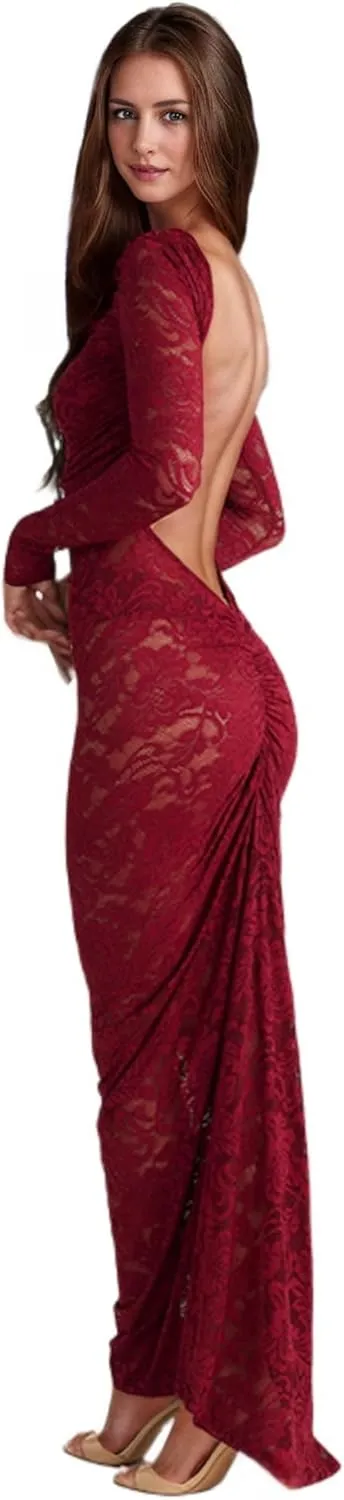 JUMISEE Women's See Through Lace Long Sleeve Maxi Dress Sexy Ruched Backless Bodycon Cocktail Dress Party Evening Gown