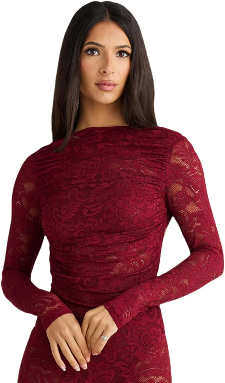 JUMISEE Women's See Through Lace Long Sleeve Maxi Dress Sexy Ruched Backless Bodycon Cocktail Dress Party Evening Gown