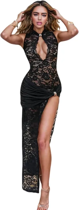 JUMISEE Women??s Sexy High Slit See Through Lace Maxi Dress Sleeveless Hollow Out Bodycon Cocktail Dress Evening Gown