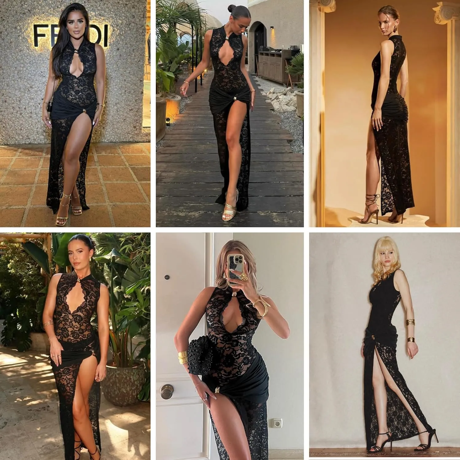 JUMISEE Women??s Sexy High Slit See Through Lace Maxi Dress Sleeveless Hollow Out Bodycon Cocktail Dress Evening Gown