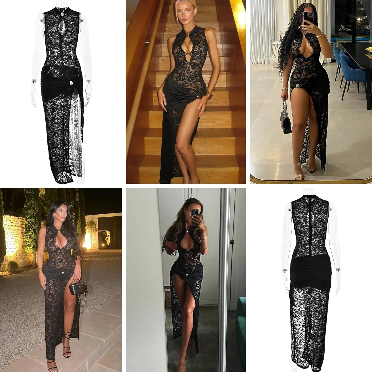 JUMISEE Women??s Sexy High Slit See Through Lace Maxi Dress Sleeveless Hollow Out Bodycon Cocktail Dress Evening Gown