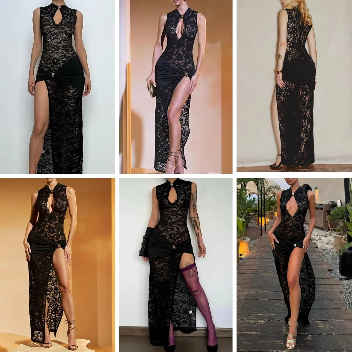 JUMISEE Women??s Sexy High Slit See Through Lace Maxi Dress Sleeveless Hollow Out Bodycon Cocktail Dress Evening Gown