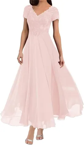 Lace Mother of The Bride Dresses for Wedding Tea Length Short Sleeve Chiffon Formal Evening Dress for Women