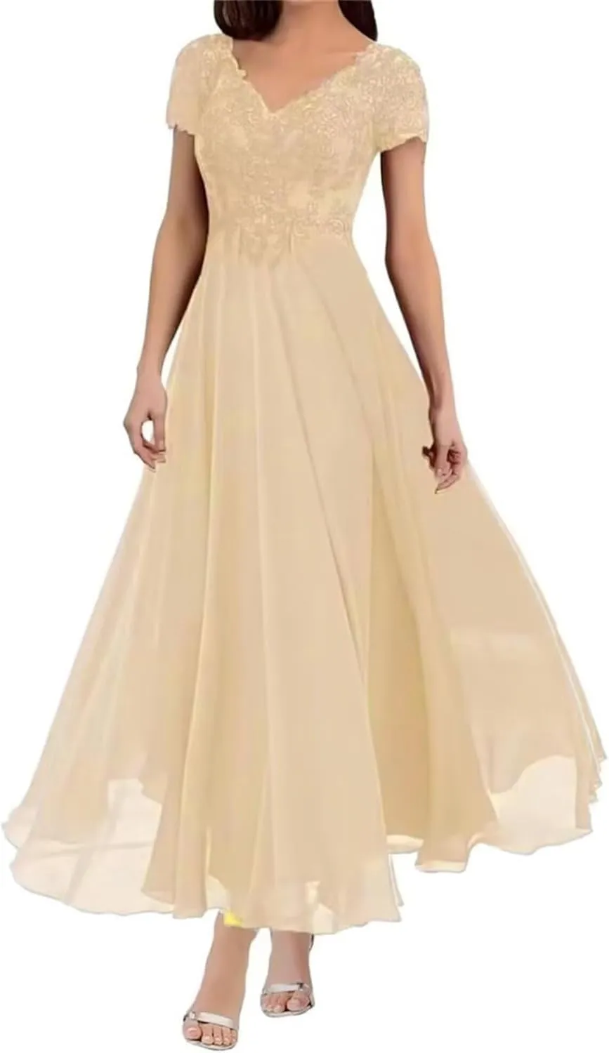 Lace Mother of The Bride Dresses for Wedding Tea Length Short Sleeve Chiffon Formal Evening Dress for Women