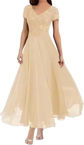 Lace Mother of The Bride Dresses for Wedding Tea Length Short Sleeve Chiffon Formal Evening Dress for Women