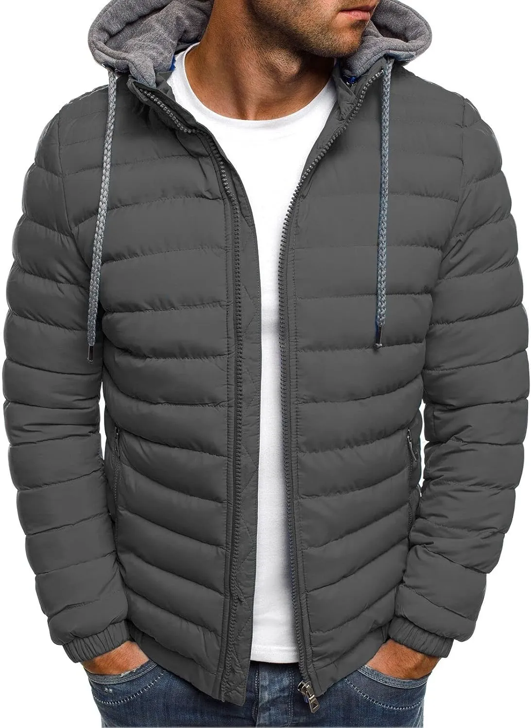 lcziwo Men's Winter Jacket Big and Tall Lightweight Zip up Puffer Quilted Jackets Casual Loose Padded Warm Hooded Coats
