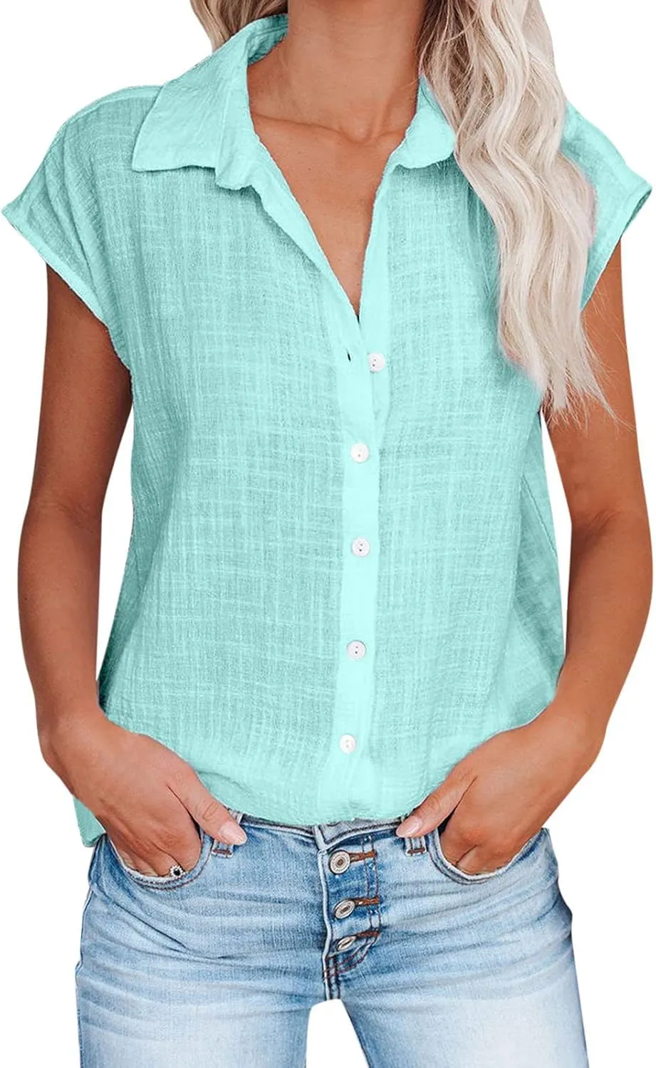 LRMQS Linen Shirts for Women Summer 2024 Button Down Lapel Cap Sleeve Shirt Tops Casual Beach Trendy Cotton Gauze Clothing