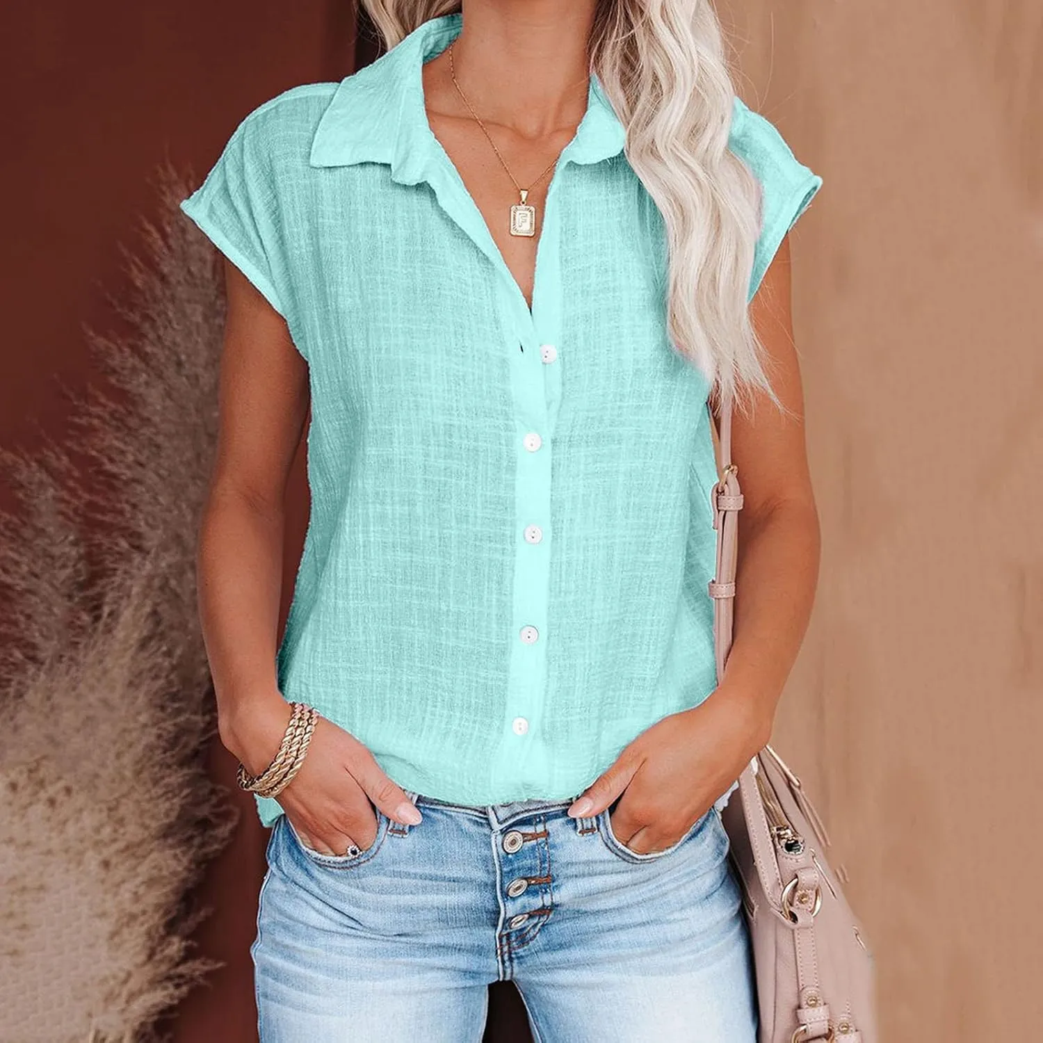LRMQS Linen Shirts for Women Summer 2024 Button Down Lapel Cap Sleeve Shirt Tops Casual Beach Trendy Cotton Gauze Clothing