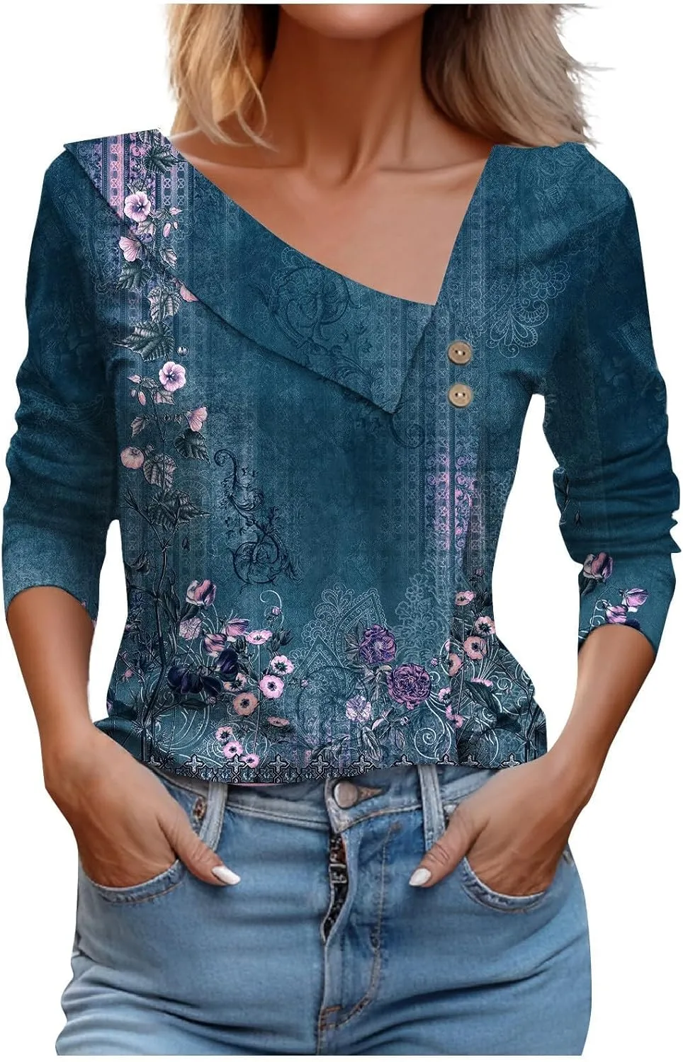 LRMQS Spring Tops for Women 2024 Trendy Casual Long Sleeve Asymmetric V Neck Button Blouses Dressy Woman Shirts Clothing