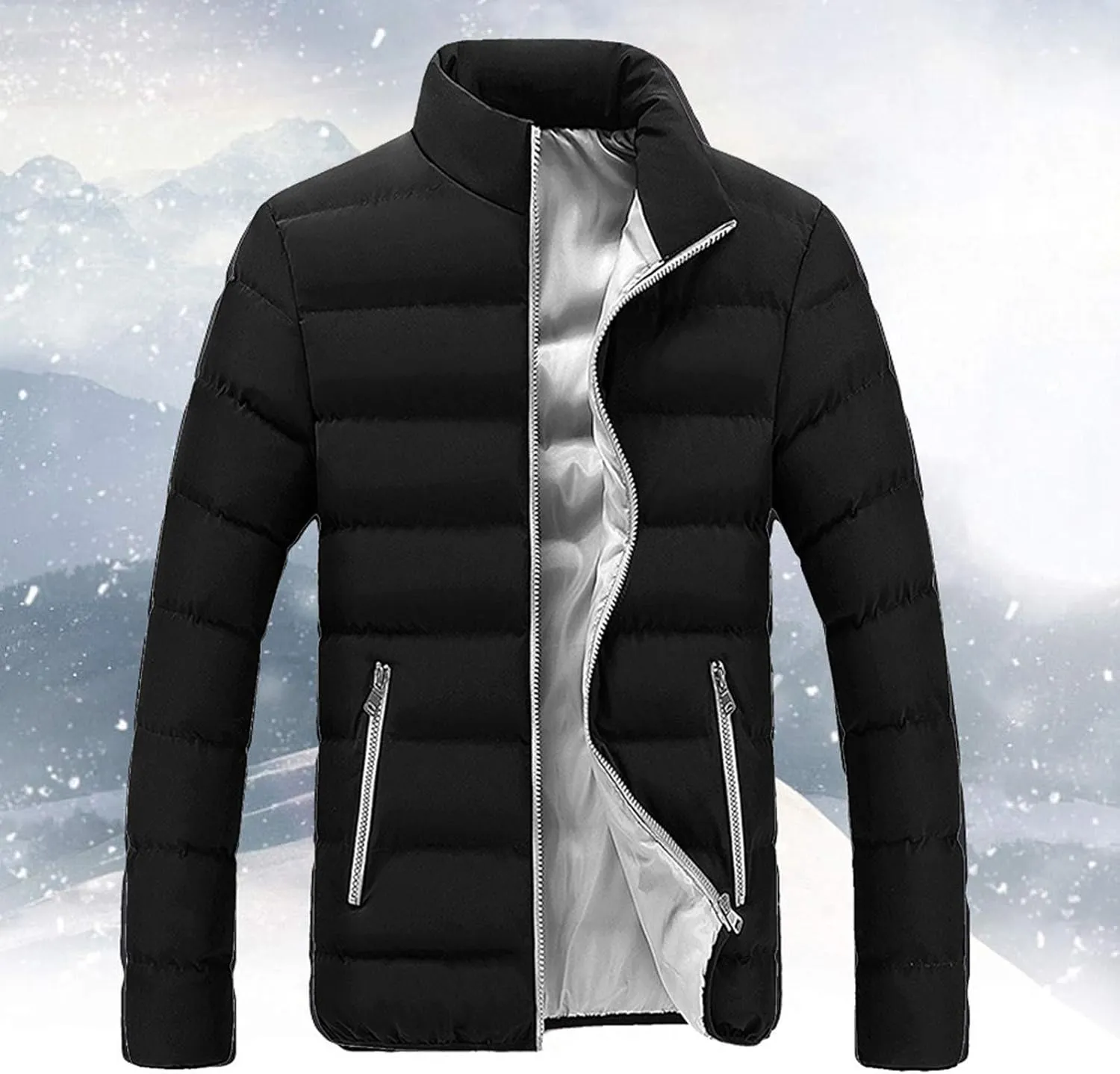 Men Winter Coat Thick Quilted Puffer Jacket Outdoor Ski Jacket Stand Collar Down Jacket Lightweight Packable Puffer Jacket