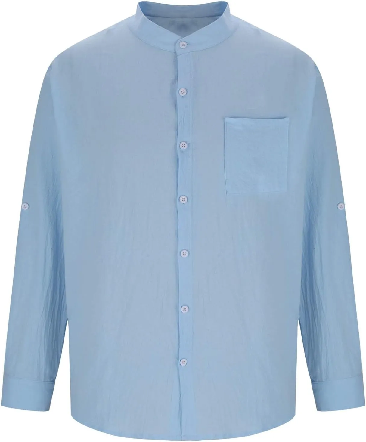 Mens Casual Cotton Linen Long Sleeve Banded Collar T Shirts Summer Plain Button Down Beach Vacation Tops with Pocket
