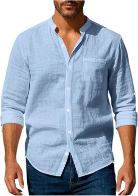 Mens Casual Cotton Linen Long Sleeve Banded Collar T Shirts Summer Plain Button Down Beach Vacation Tops with Pocket