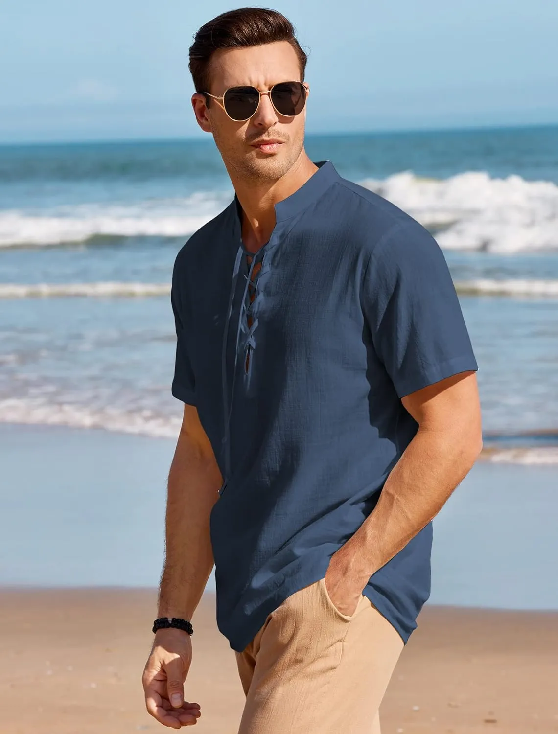 Mens Cotton Linen Shirts Lace Up Short/Long Sleeve Henley Pirate Shirt Casual V Neck for Beach Renaissance Viking Hippie