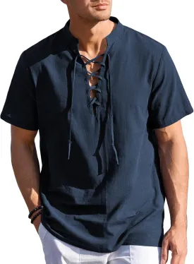 Mens Cotton Linen Shirts Lace Up Short/Long Sleeve Henley Pirate Shirt Casual V Neck for Beach Renaissance Viking Hippie
