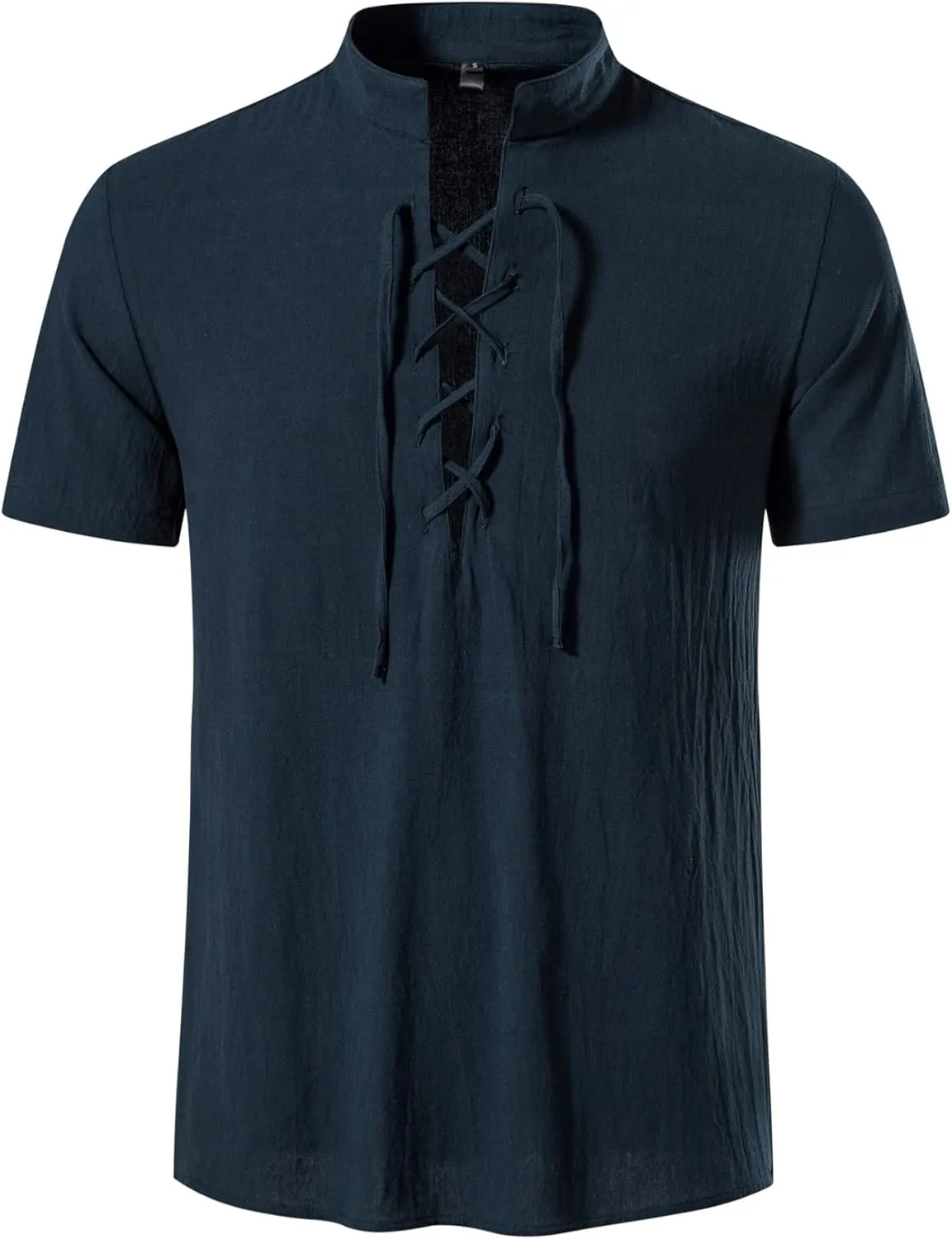 Mens Cotton Linen Shirts Lace Up Short/Long Sleeve Henley Pirate Shirt Casual V Neck for Beach Renaissance Viking Hippie