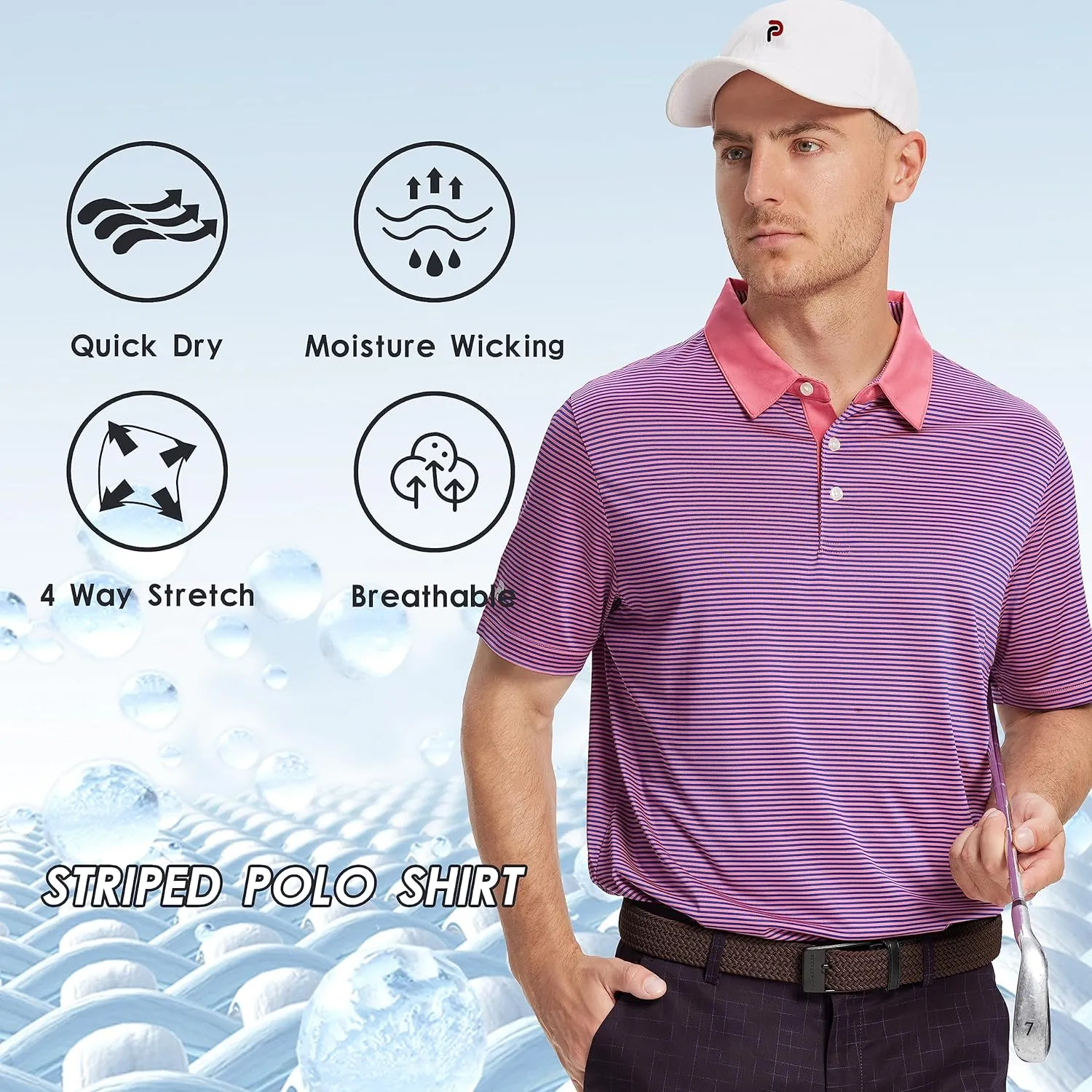 Mens Golf Polo Shirt Moisture Wicking Dry Fit Performance Athletic Short Sleeve Striped Golf Shirts for Men