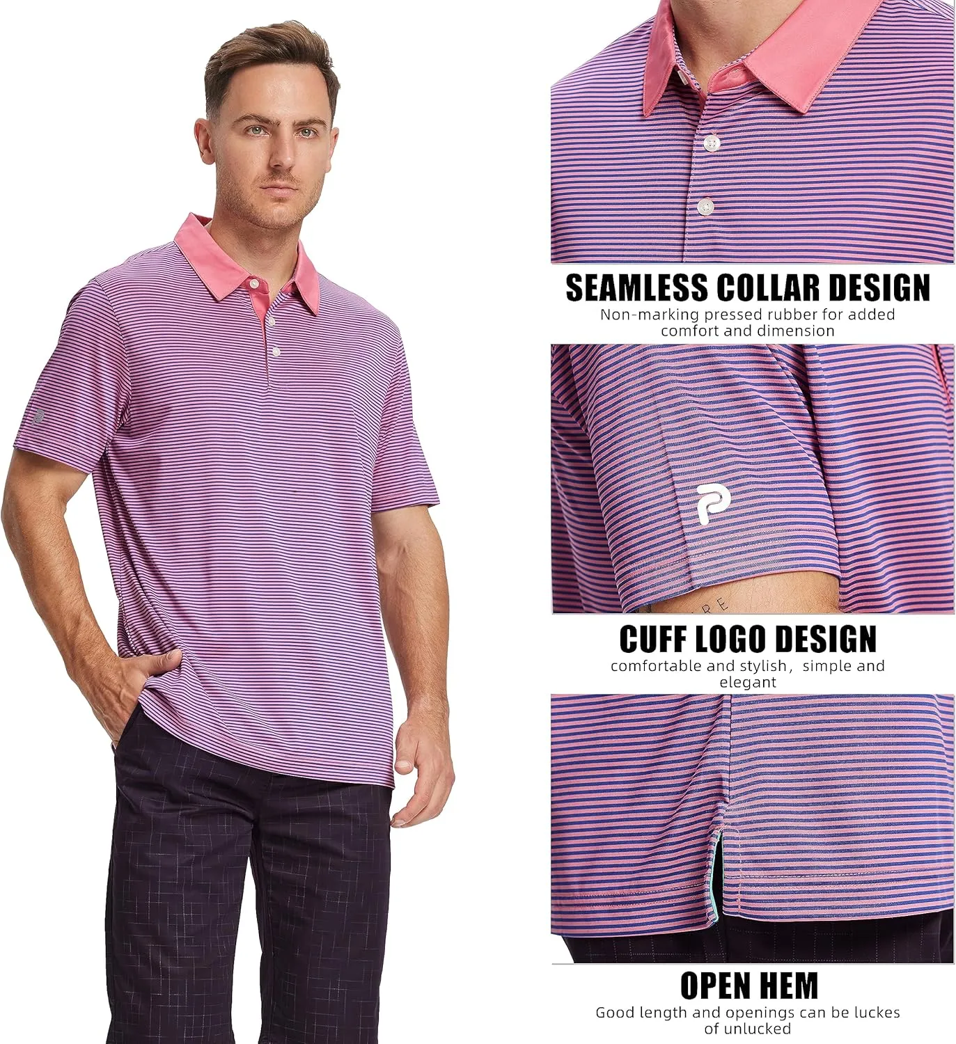 Mens Golf Polo Shirt Moisture Wicking Dry Fit Performance Athletic Short Sleeve Striped Golf Shirts for Men