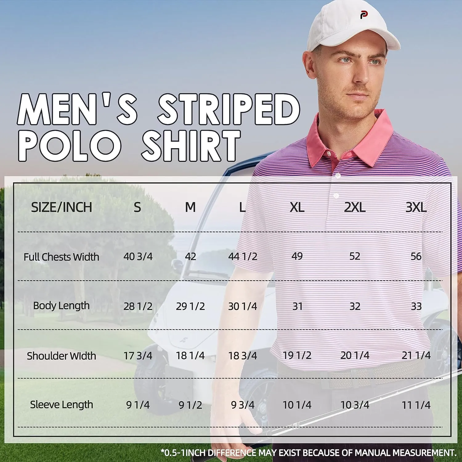 Mens Golf Polo Shirt Moisture Wicking Dry Fit Performance Athletic Short Sleeve Striped Golf Shirts for Men