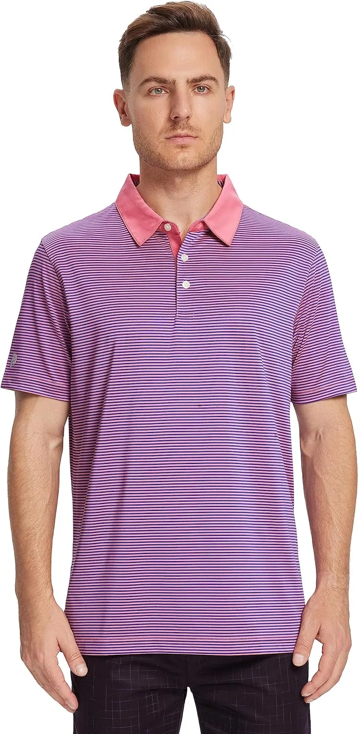 Mens Golf Polo Shirt Moisture Wicking Dry Fit Performance Athletic Short Sleeve Striped Golf Shirts for Men
