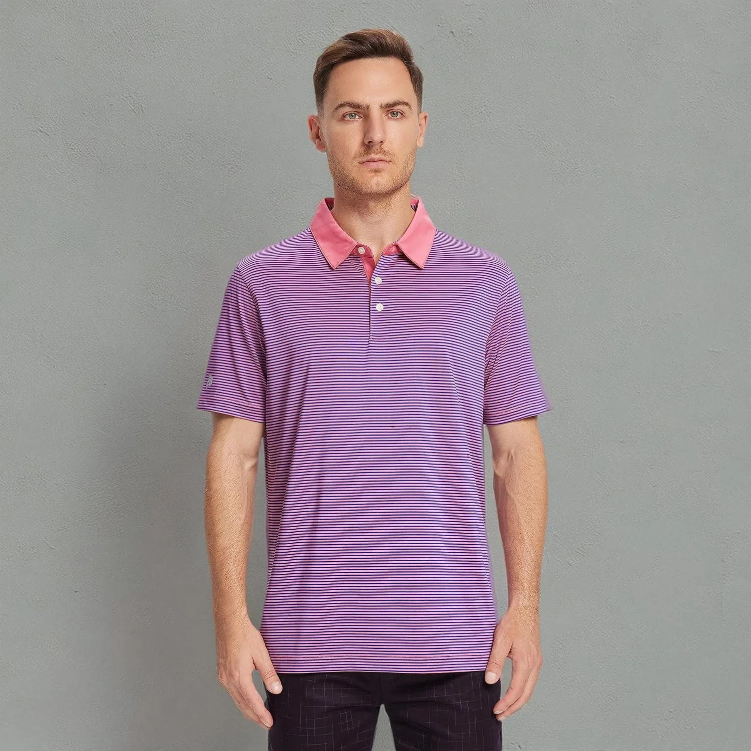 Mens Golf Polo Shirt Moisture Wicking Dry Fit Performance Athletic Short Sleeve Striped Golf Shirts for Men