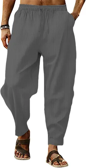 Mens Linen Harem Pants Lightweight Drawstring Elastic Waist Yoga Bagge Pants Loose Fit Summer Beach Pants for Men