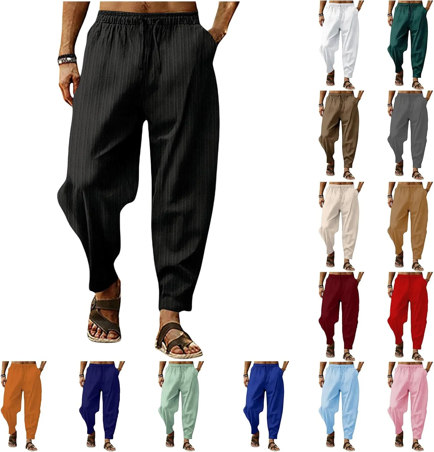 Mens Linen Harem Pants Lightweight Drawstring Elastic Waist Yoga Bagge Pants Loose Fit Summer Beach Pants for Men