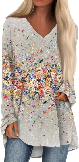 Oversized Tshirts for Women Long Sleeve Womens Tops Dressy Casual Fall V Neck Tunic Tops, Small-8X-Large