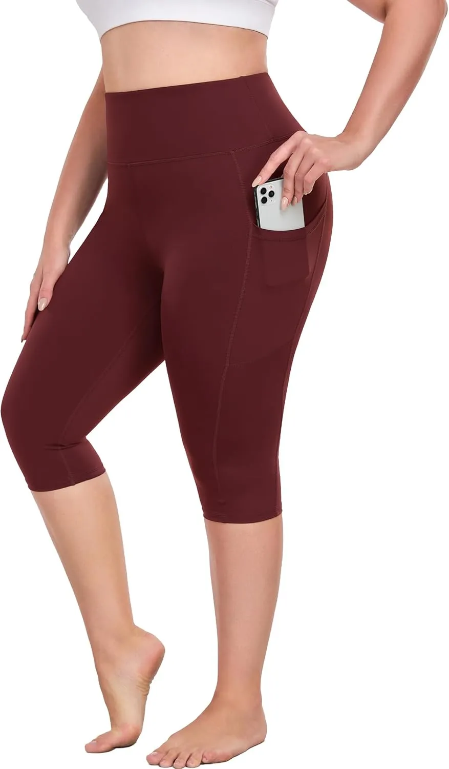 Plus Size Leggings with Pockets Knee Length, L-5XL Capri Yoga Pants High Waisted, Tummy Control Workout Leggings