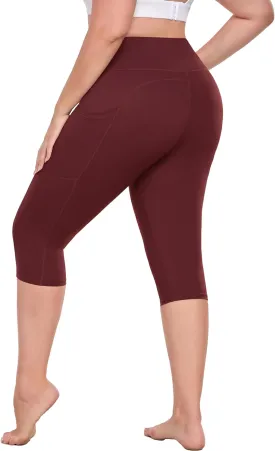 Plus Size Leggings with Pockets Knee Length, L-5XL Capri Yoga Pants High Waisted, Tummy Control Workout Leggings