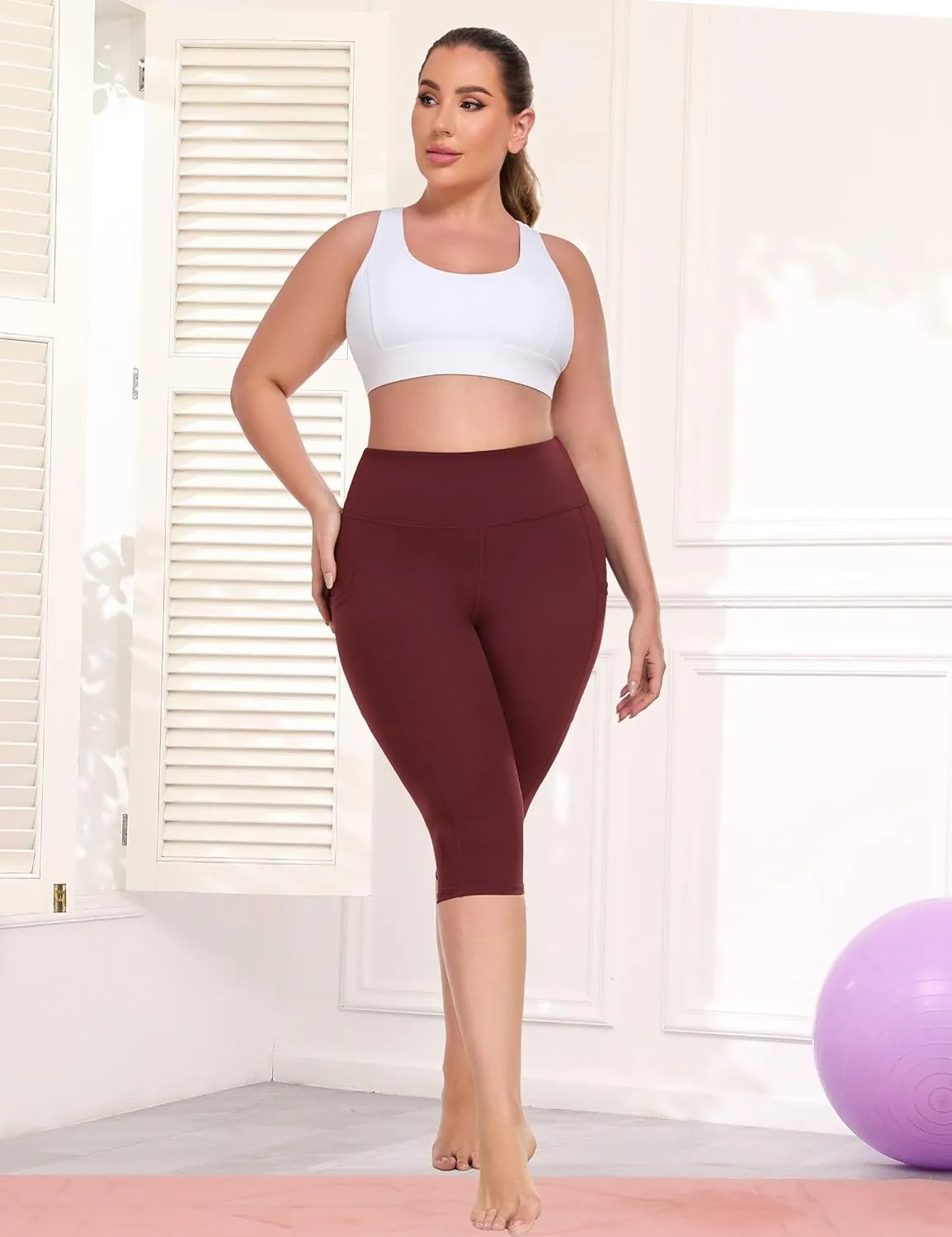 Plus Size Leggings with Pockets Knee Length, L-5XL Capri Yoga Pants High Waisted, Tummy Control Workout Leggings