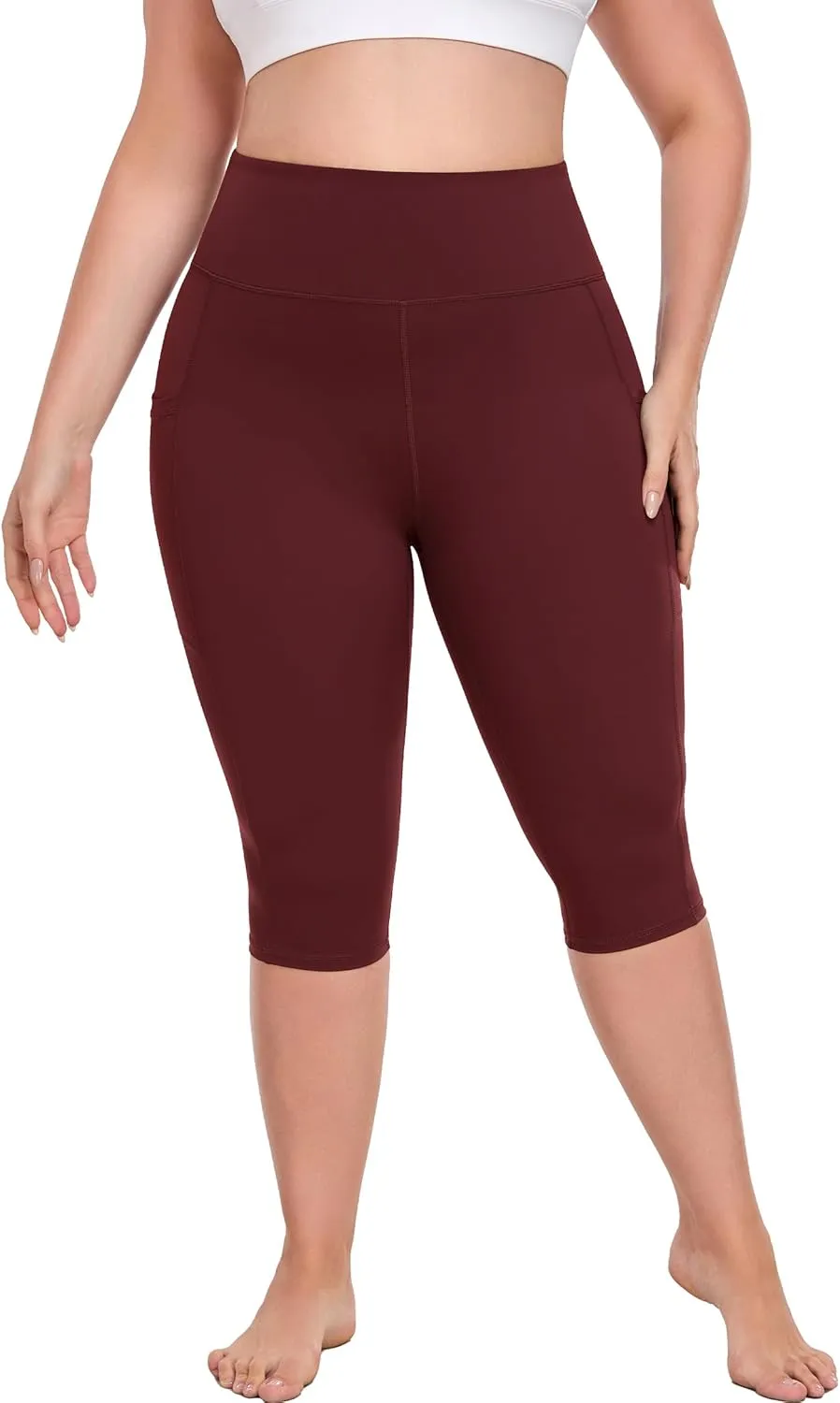 Plus Size Leggings with Pockets Knee Length, L-5XL Capri Yoga Pants High Waisted, Tummy Control Workout Leggings
