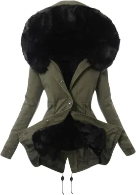 Qeaghou Fleece Lined Winter Coats for Women Warm Trench Coat Furry Windbreaker Ski Jacket Fuzzy Solid Jacket with Hood