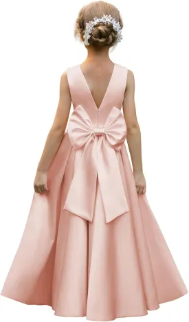 Satin Flower Girl Dresses for Wedding Floor Length Backless Princess Pageant Dress with Bow Pearls Proms Ball Gowns