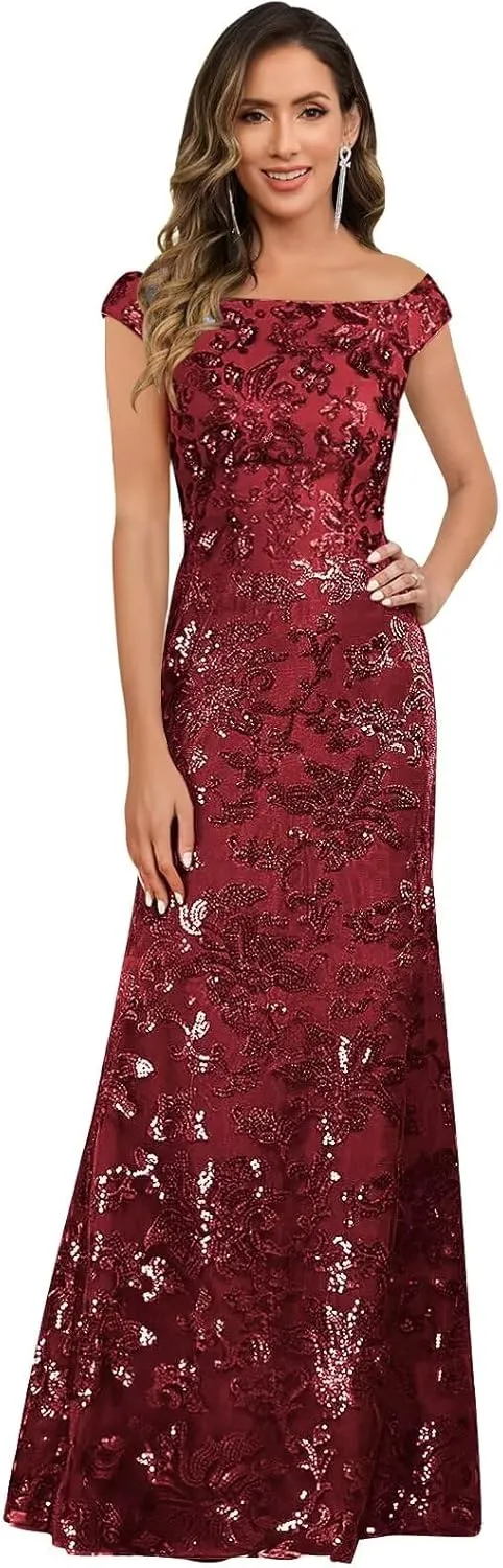 Sequin Mother of The Bride Dresses for Women Cap Sleeves Lace Long Evening Formal Gowns