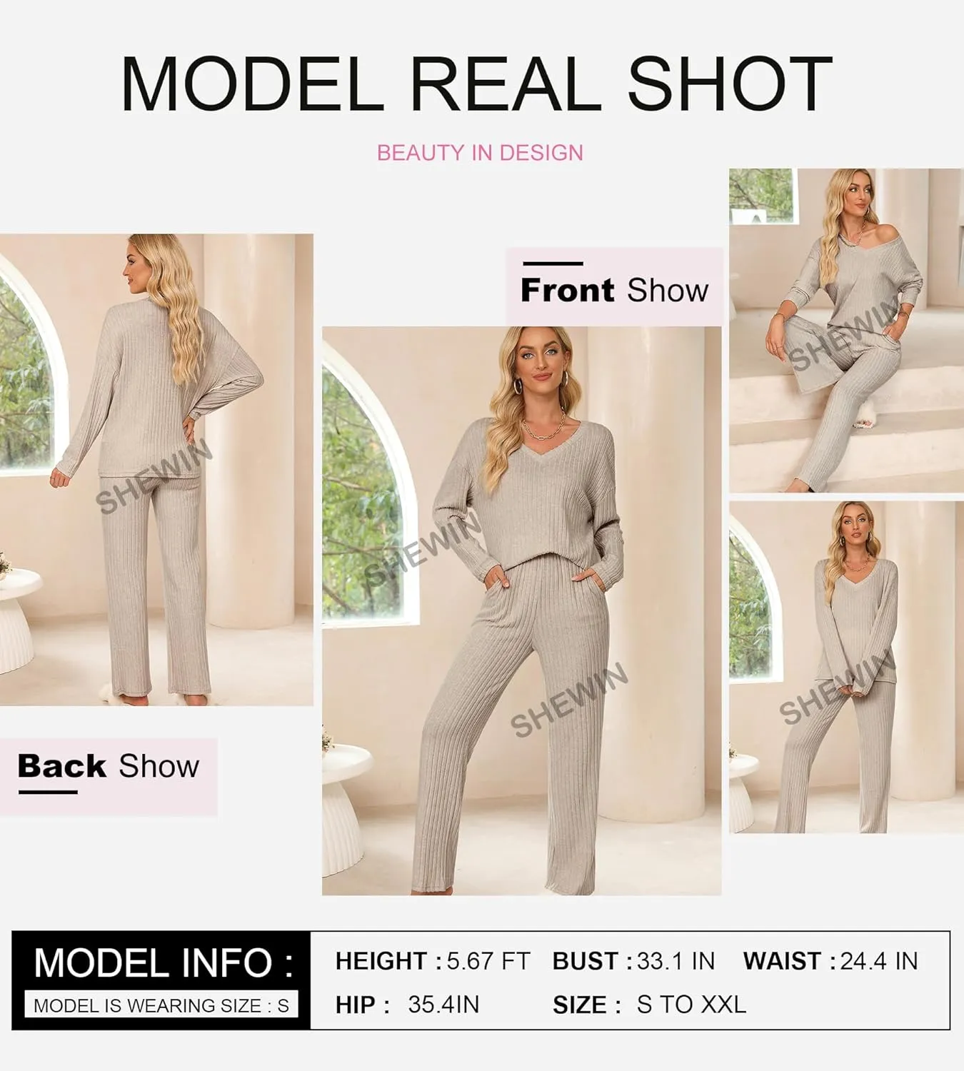 SHEWIN Women's Pajama Sets Long Sleeve Short Sleeve 2 Piece Lounge Sets Ribbed Knit Sweater Sleepwear