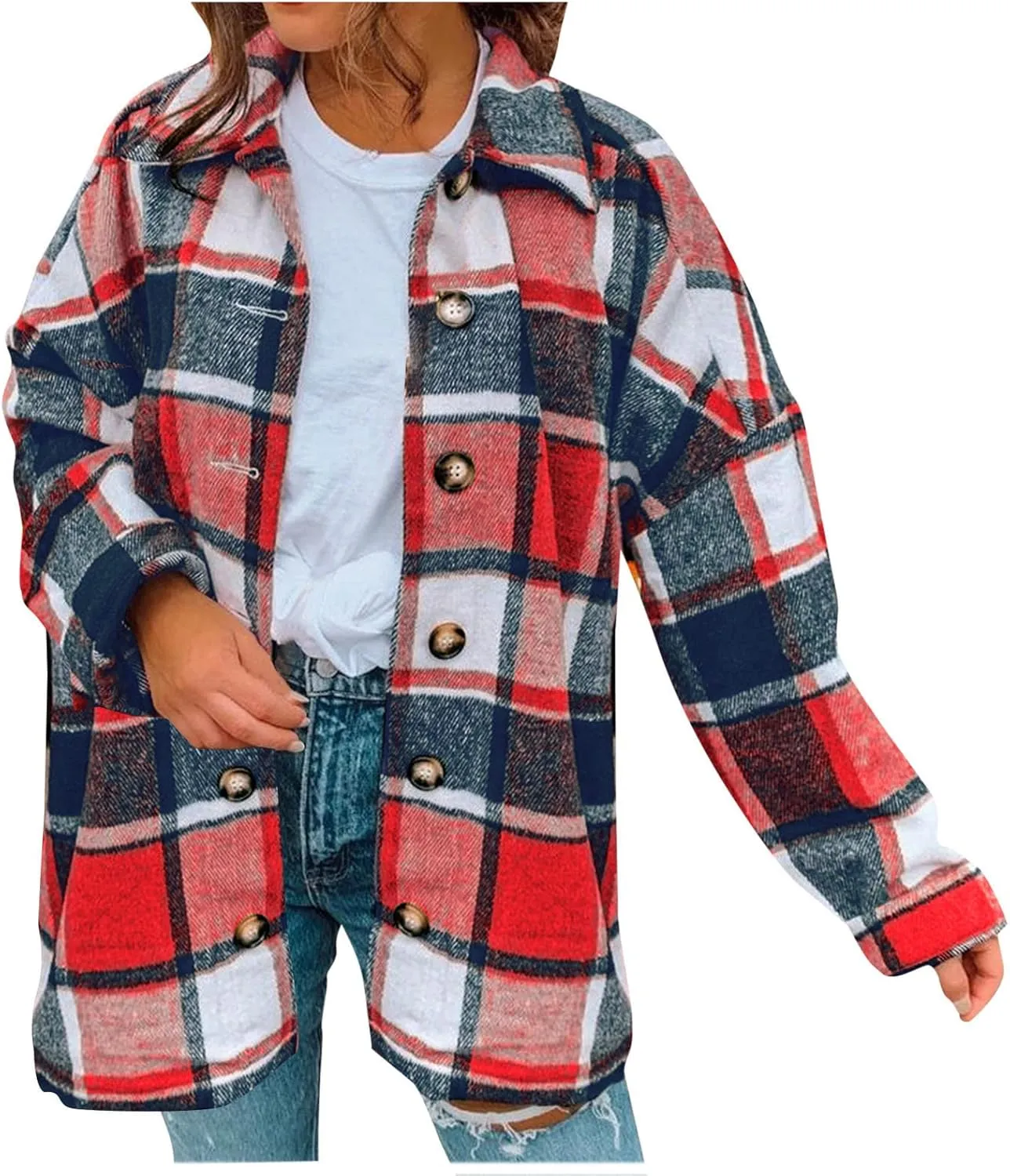 TANGNADE Plaid Jacket for Women Plus Size Fall Color Block Flannel Shacket Jacket Button Down Shirt Long Sleeve Coat Tops