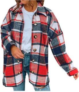 TANGNADE Plaid Jacket for Women Plus Size Fall Color Block Flannel Shacket Jacket Button Down Shirt Long Sleeve Coat Tops